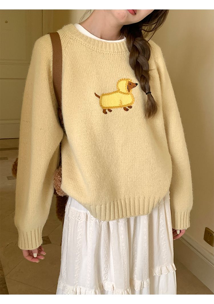 Embroidery Yellow - Sweater Rajut Kartun Bordir Anjing Lucu