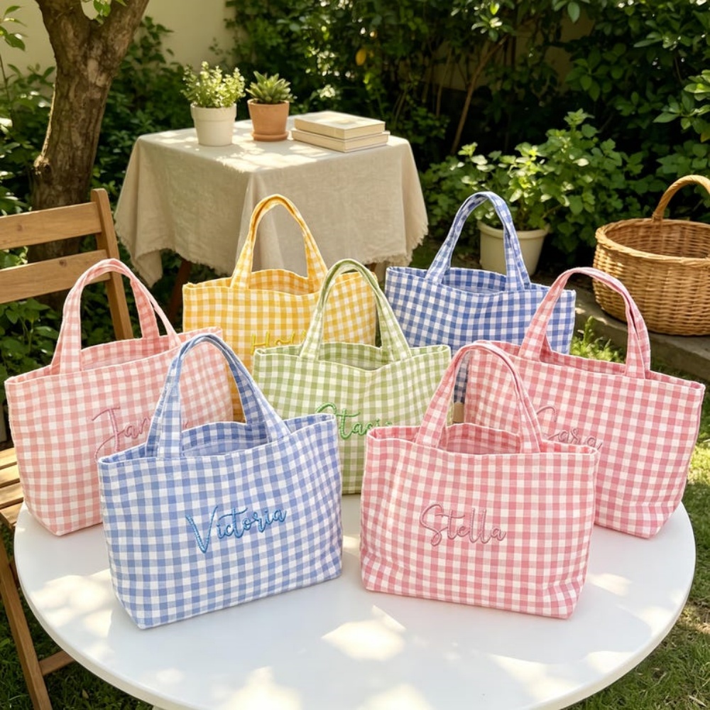 Embroidery Names - 1Pc Tas Tote Kotak-kotak Bordir Nama/Teks