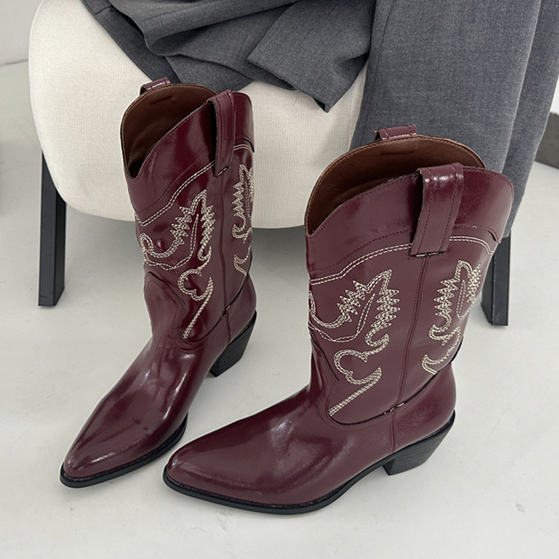 Embroidery On Leather - Liyke Sepatu Bot Barat Kulit Merah