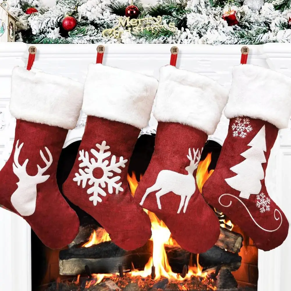Embroidery Xmas Stocking - Kaus Kaki Santa Merah Rusa Salju