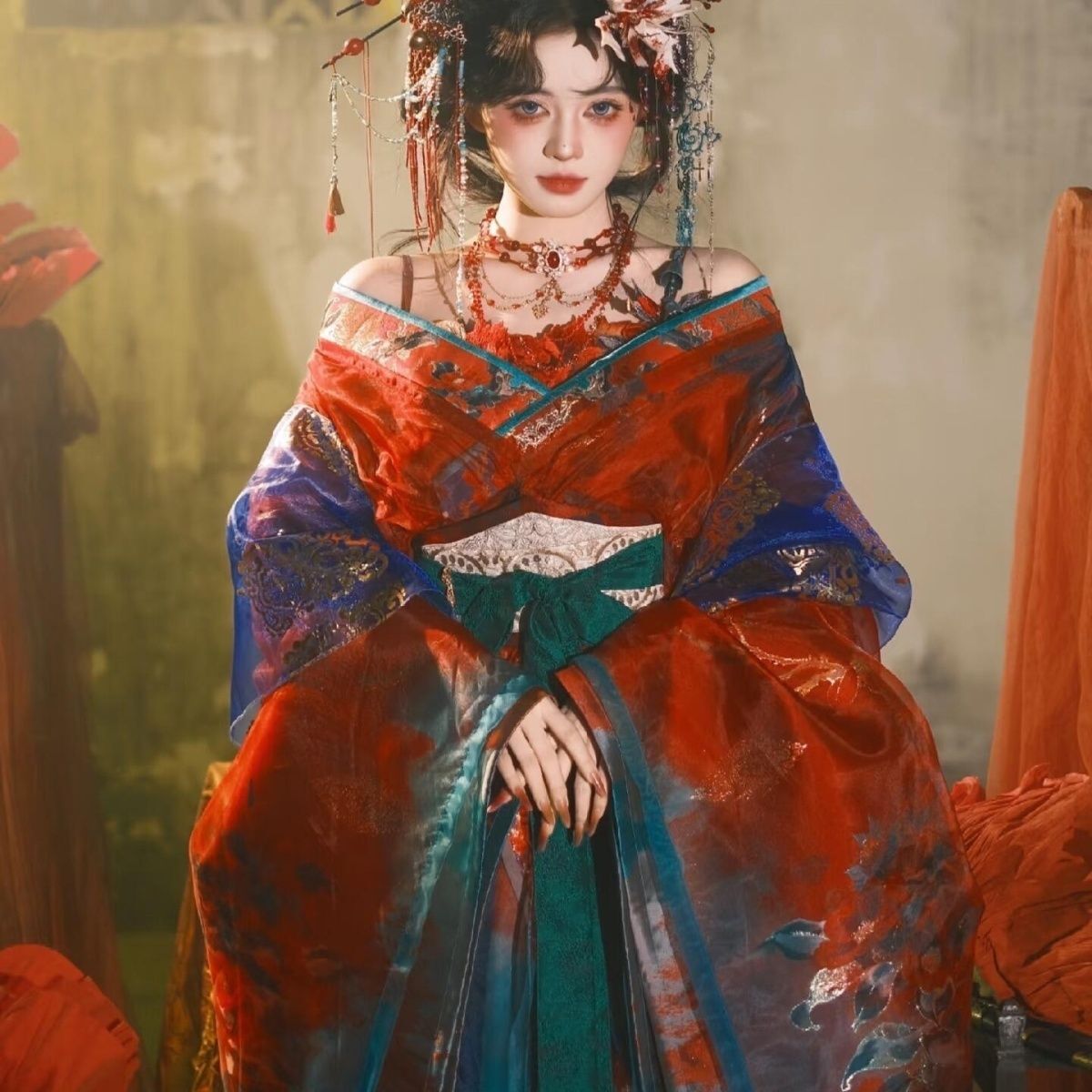 Embroidery Set - Gaun Hanfu Bordir Hitam Biru untuk