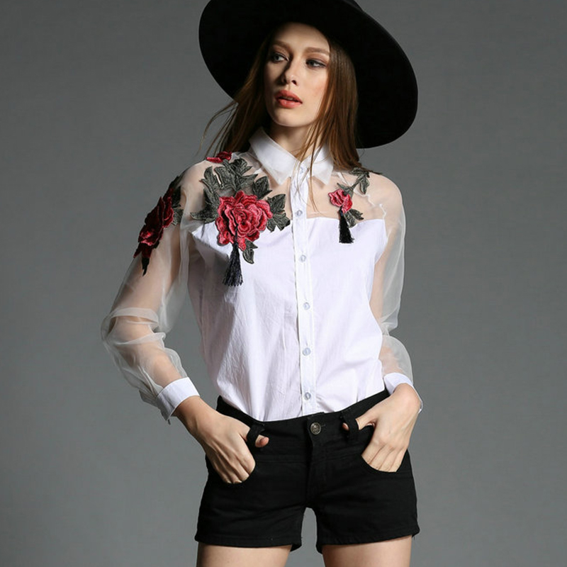 Embroidery Underlay - Blus sifon bordir bunga wanita lengan