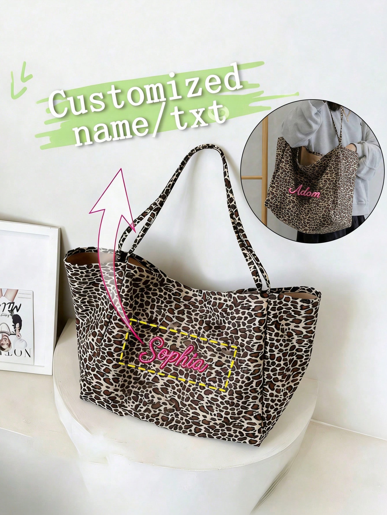 Embroidery Names - Tas Tote Motif Macan Tutul Nama