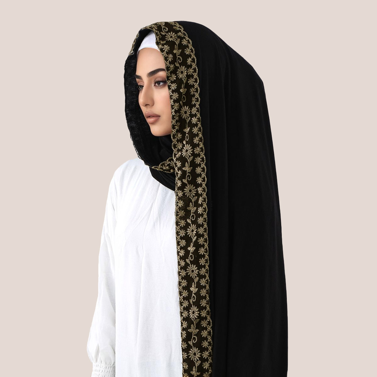 Hijab Muslim Jersey Katun Bord - Embroidery Shawl ulasan dan harga