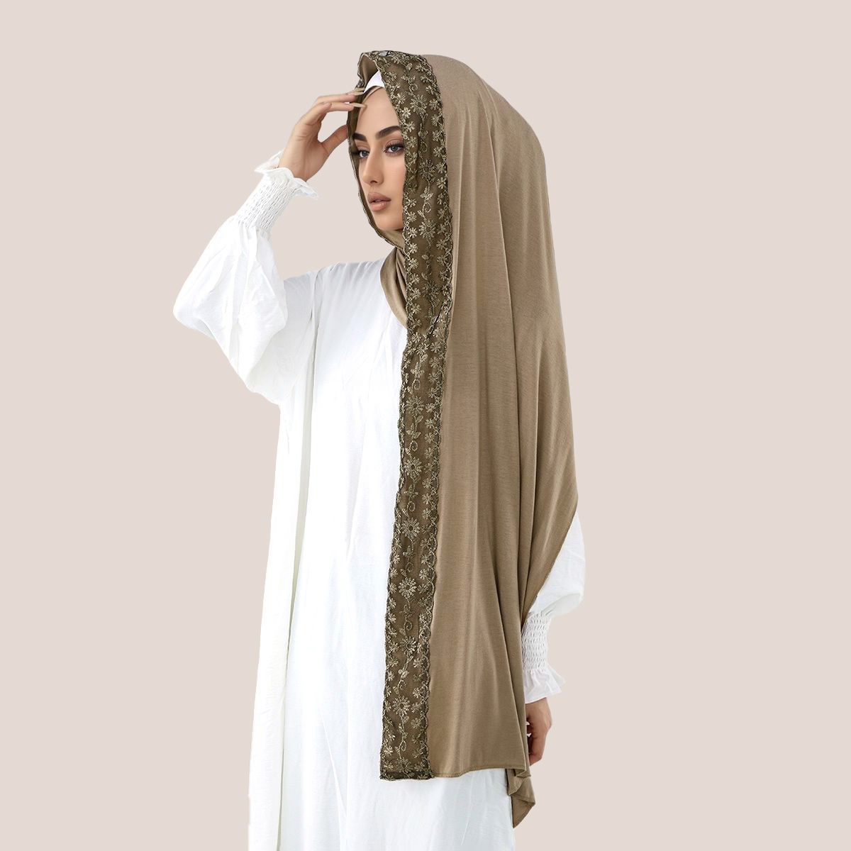 Hijab Muslim Jersey Katun Bord - Embroidery Shawl ulasan dan harga