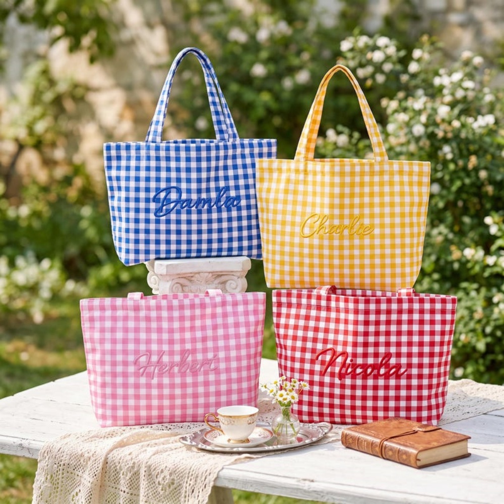 1Pc Tas Tote Kotak-kotak Bordi - Embroidery Names ulasan dan harga