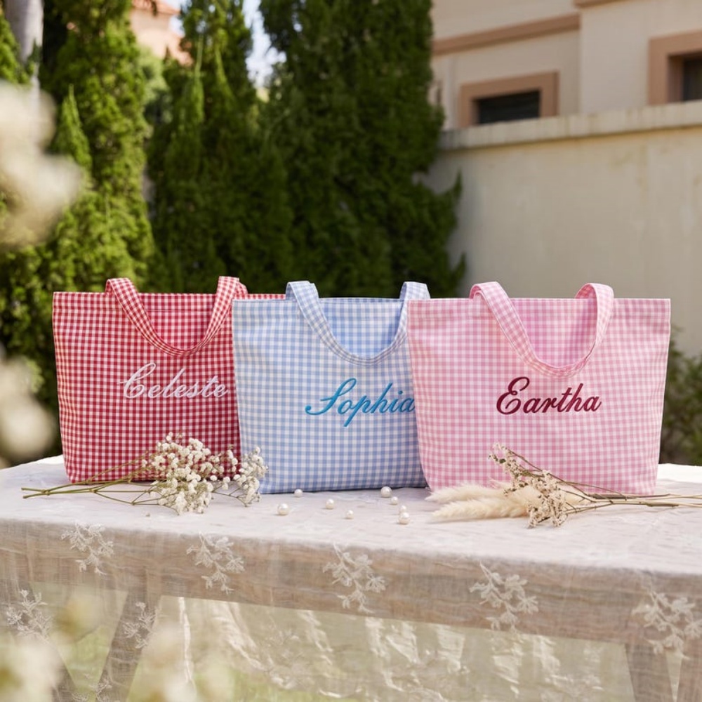 1Pc Tas Tote Kotak-kotak Bordi - Embroidery Names ulasan dan harga