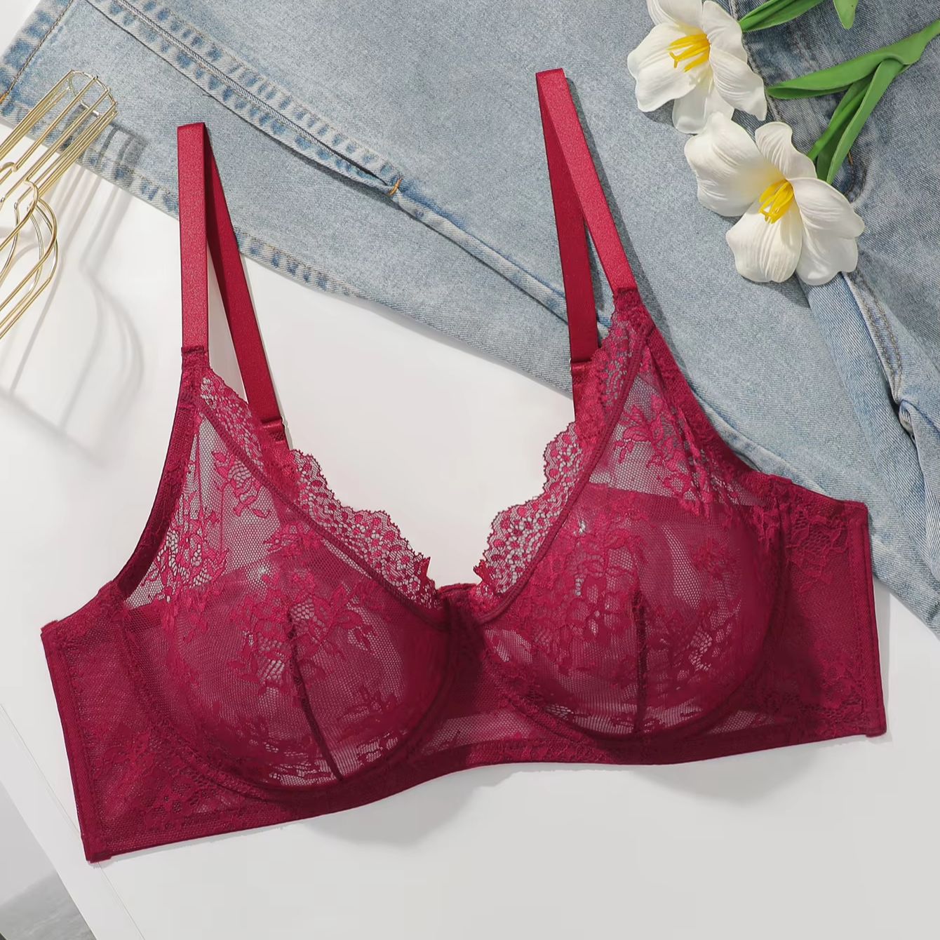 Bra Wanita Ukuran Besar Merah  - Embroidery Red ulasan dan harga