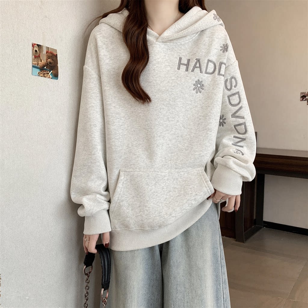 Hoodie Wanita Warna Solid Bord - Embroidery Letter N ulasan dan harga